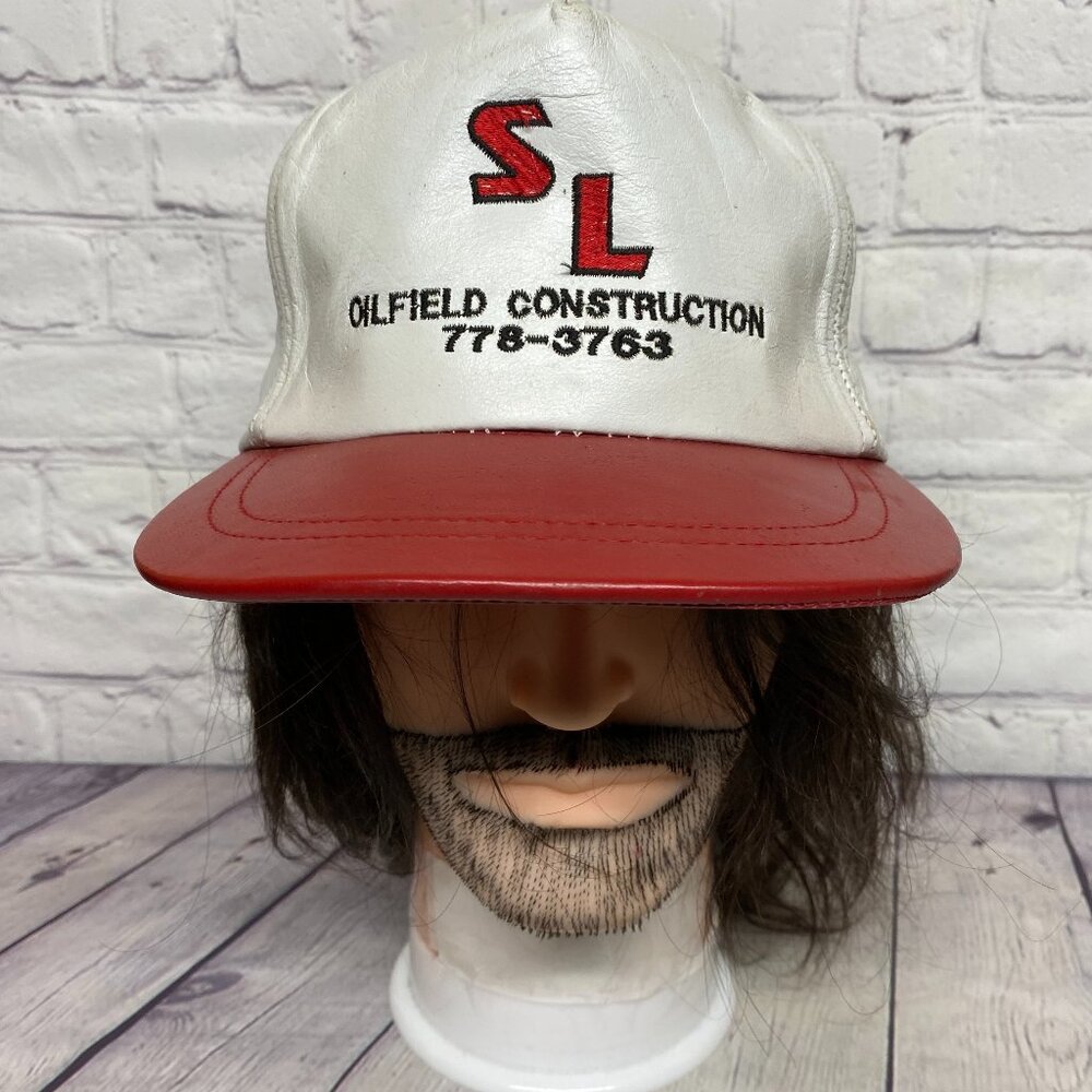 Vintage Leather Hat Strap Back White Red SL Oilfield Construction - Sweat Stains